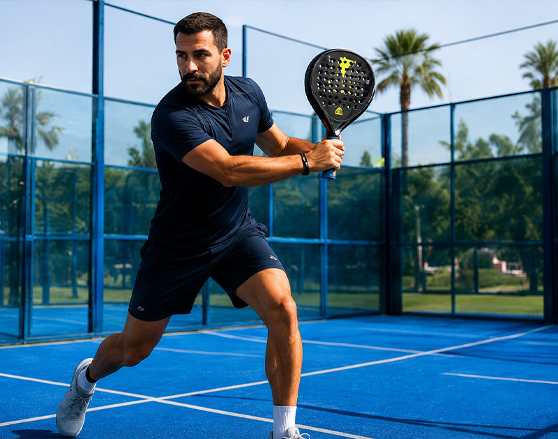 Jugador entrenando en una pista de pádel